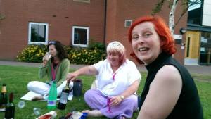 Kitchen party al fresco - from left to right: me, Janet Gover, and Jane Lovering